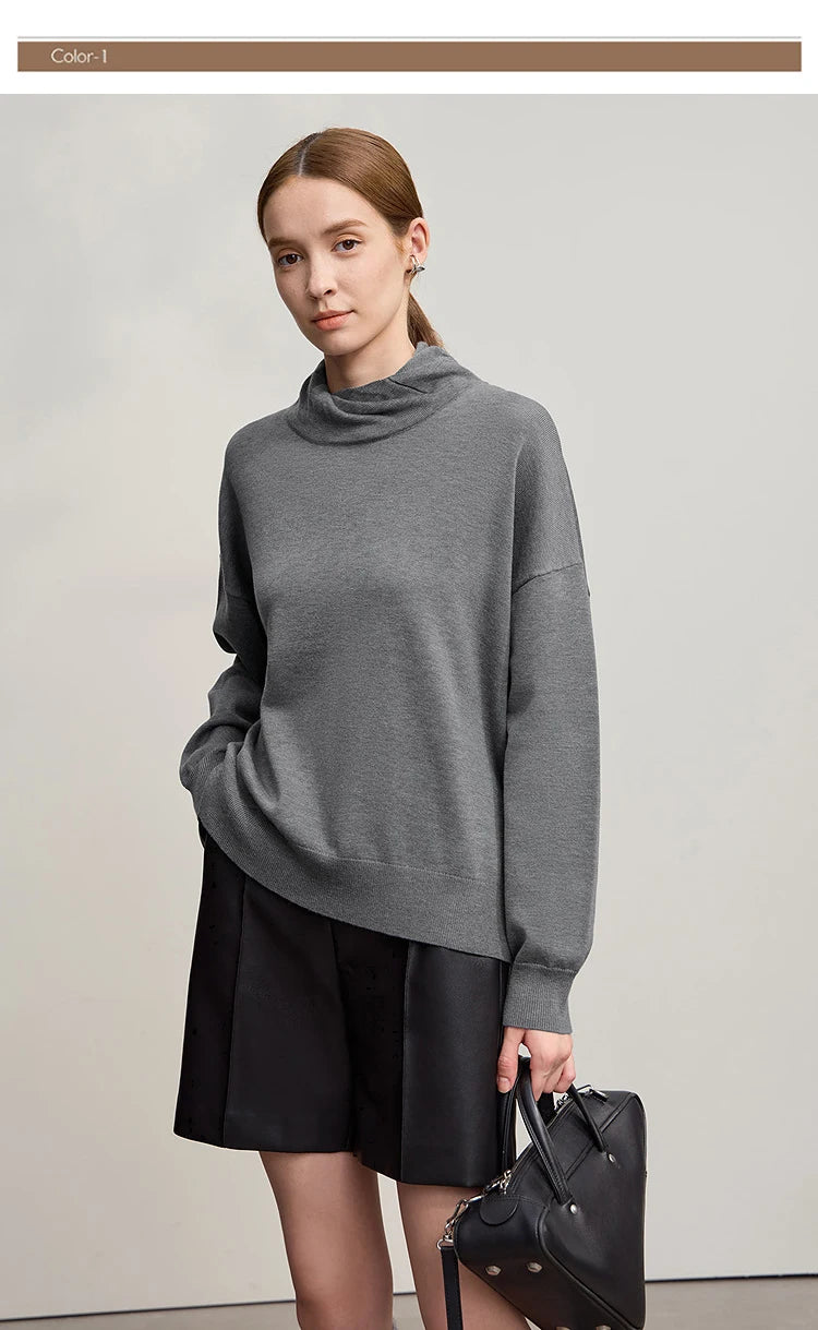 Damen-Rollkragenpullover locker Wolle-Mix Raglan lang Winter