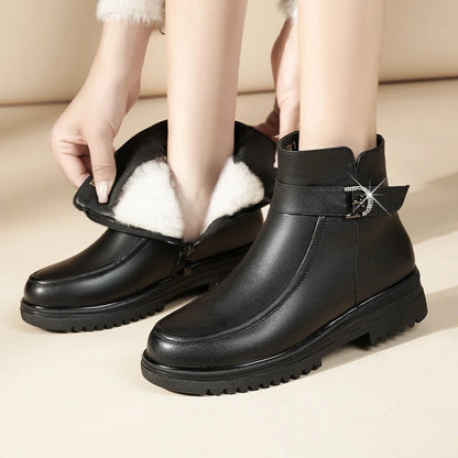 Damen Schneestiefel aus echtem Leder mit rutschfester Sohle und Wolle