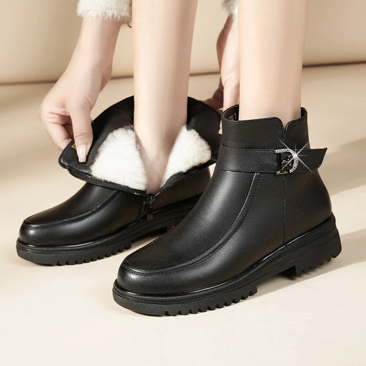 Damen Schneestiefel aus echtem Leder mit rutschfester Sohle und Wolle