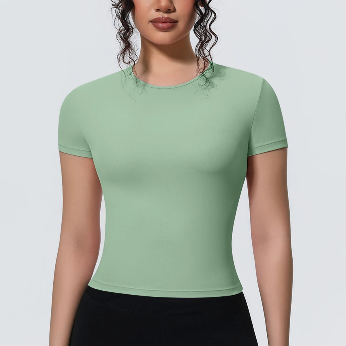 Damen Yoga-Shirt kurzarm, mintgrün, schlichter Rundhalsausschnitt, körpernah