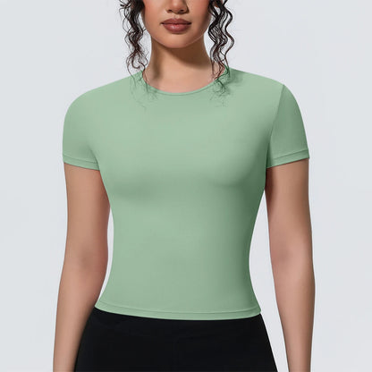 Damen Yoga-Shirt kurzarm, mintgrün, schlichter Rundhalsausschnitt, körpernah