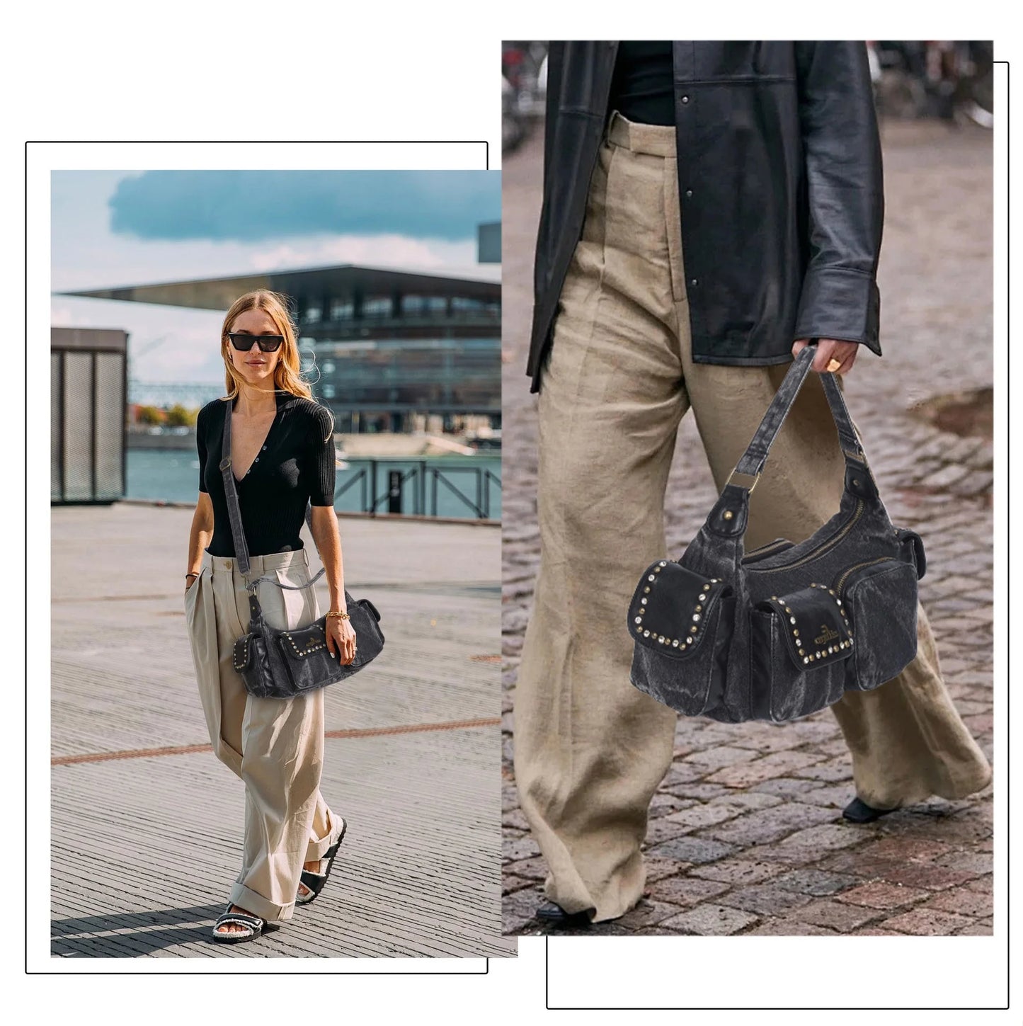 Damen-Schultertasche aus Denim und Canvas mit Reißverschluss und großem Hauptfach und Smartphonefach