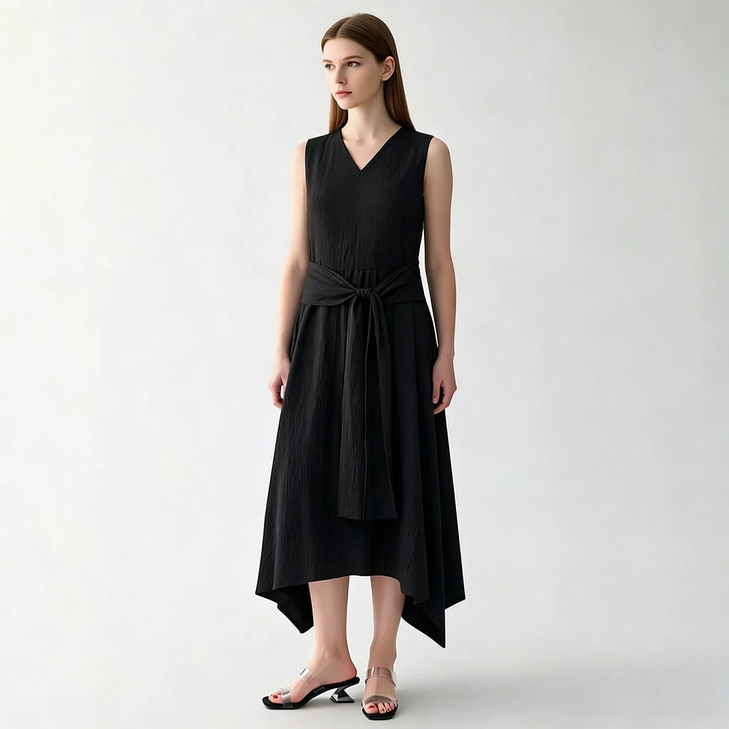 Stylisches Ärmelloses Damen Midikleid Knitterarm Mit Gürtel