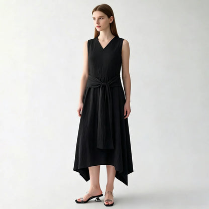 Stylisches Ärmelloses Damen Midikleid Knitterarm Mit Gürtel