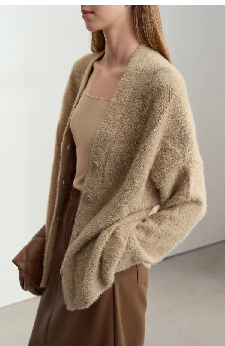 Damen-Strickjacke V-Ausschnitt Nerz-Imitat locker dick Winter