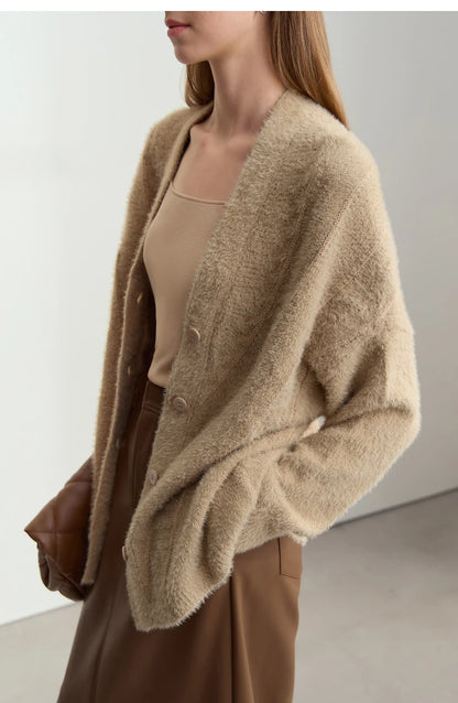Damen-Strickjacke V-Ausschnitt Nerz-Imitat locker dick Winter