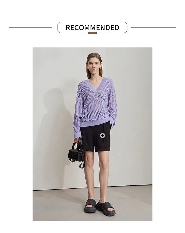 Lila Damen-Strickpullover mit V-Ausschnitt, langen Ärmeln und lockerer Passform