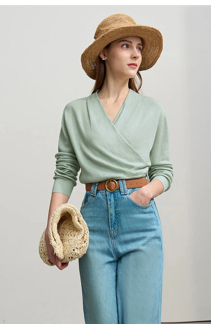 Damen-Strickpullover mit V-Ausschnitt, langarm, hellgrün, gekreuzte Front
