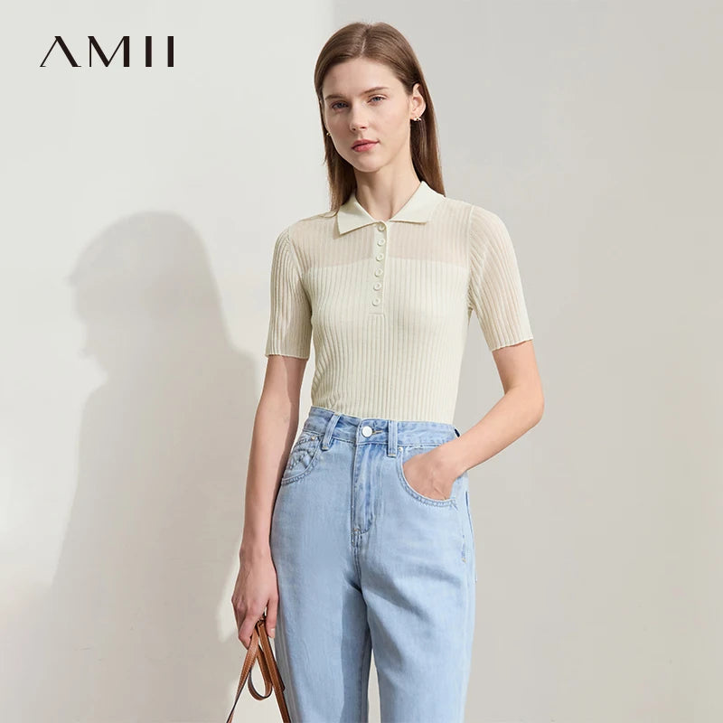 Damen Strickoberteil mit Revers und halber Knopfleiste für den Sommer