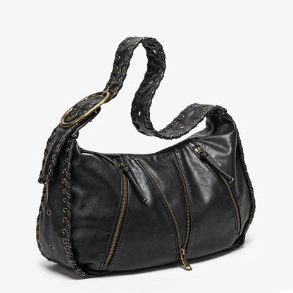Damen-Hobo-Handtasche Vintage-Stil aus weichem Kunstleder mit geflochtenem Tragegurt und Mehrfach-Reißverschlussfächern