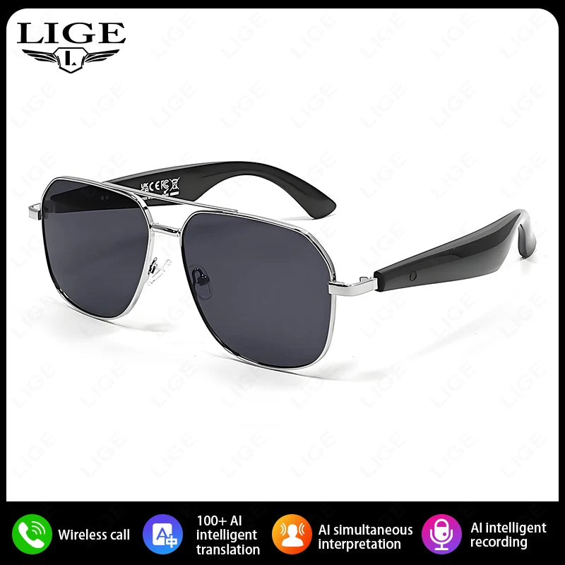 LIGE Intelligente Bluetooth-Brille AI Intelligente Übersetzung Echtzeit-Simultan-Interpretation Headset Drahtlose Anruf-Sonnenbrille
