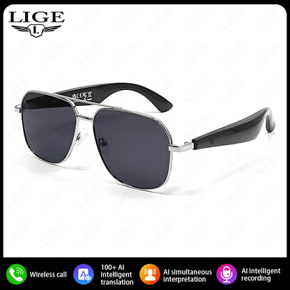 LIGE Intelligente Bluetooth-Brille AI Intelligente Übersetzung Echtzeit-Simultan-Interpretation Headset Drahtlose Anruf-Sonnenbrille
