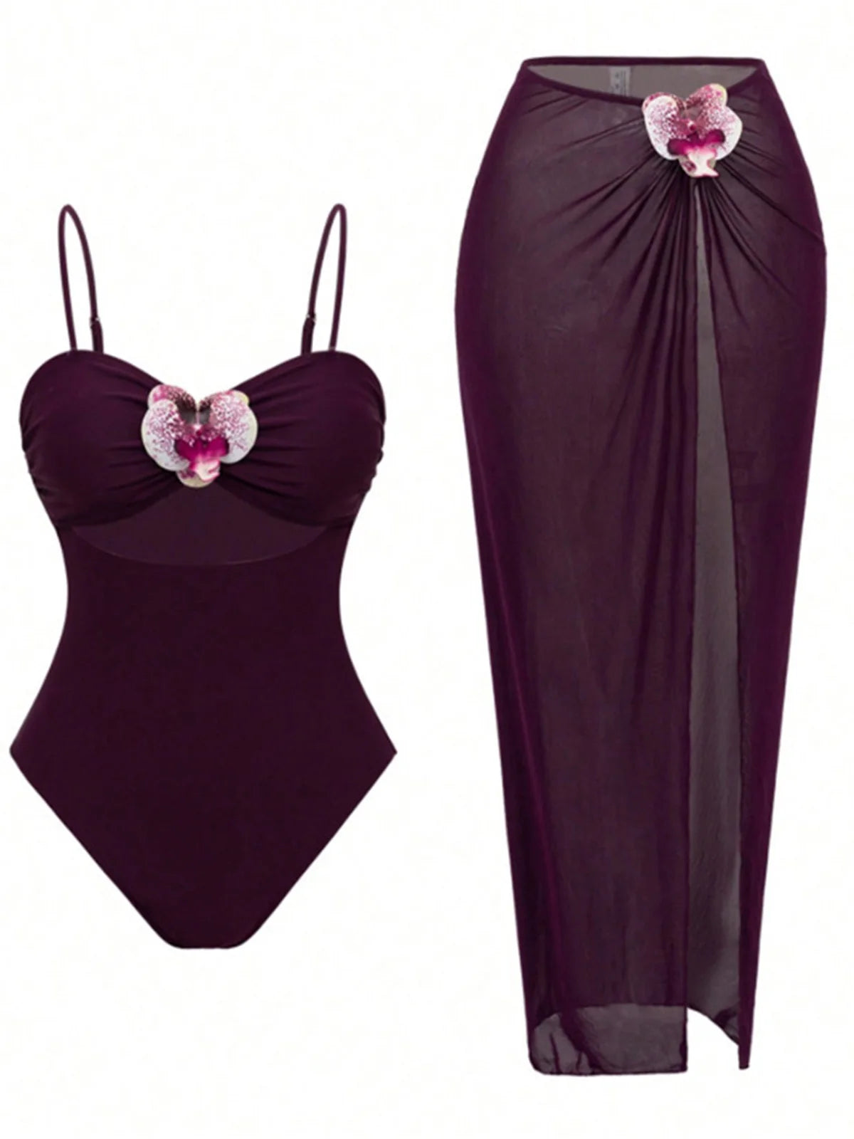 Damen Badeanzug 3D-Blumen Rock Monokini hoher Beinausschnitt Einteiler