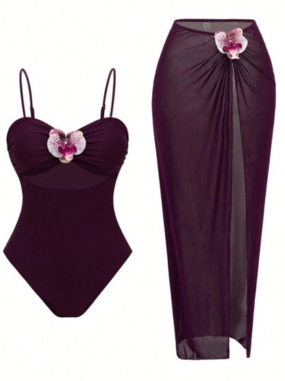 Damen Badeanzug 3D-Blumen Rock Monokini hoher Beinausschnitt Einteiler