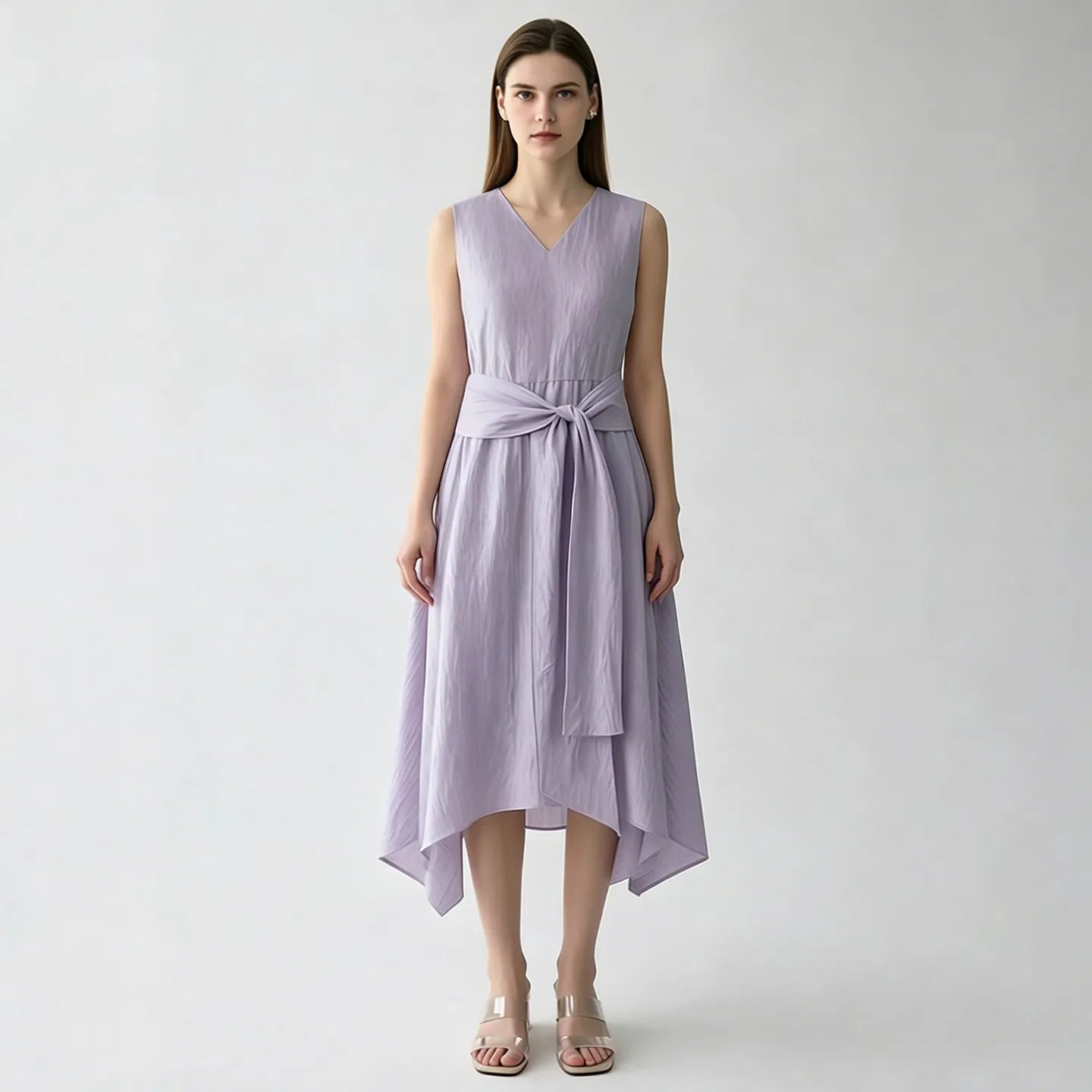 Stylisches Ärmelloses Damen Midikleid Knitterarm Mit Gürtel