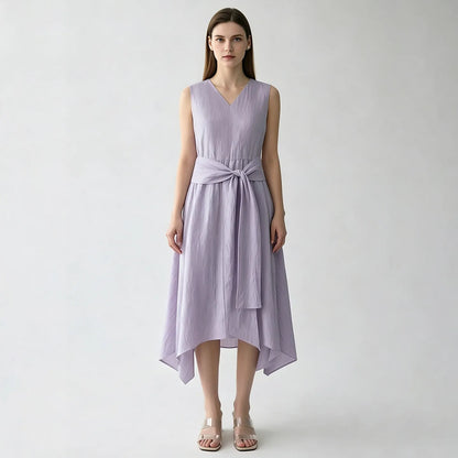 Stylisches Ärmelloses Damen Midikleid Knitterarm Mit Gürtel