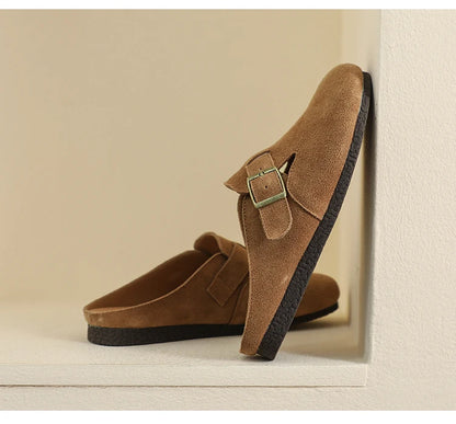AIYUQI Hausschuhe Frauen Echt Leder 2025, Neue Große Größe 41 42 43 Frauen Sommer Schuhe Retro Oberbekleidung Flache Faule halbe Hausschuhe Frauen