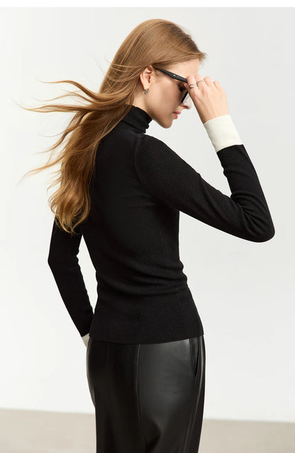 Damen-Rollkragenpullover Wolle Slim Patchwork-Splicing Herbst-Winter