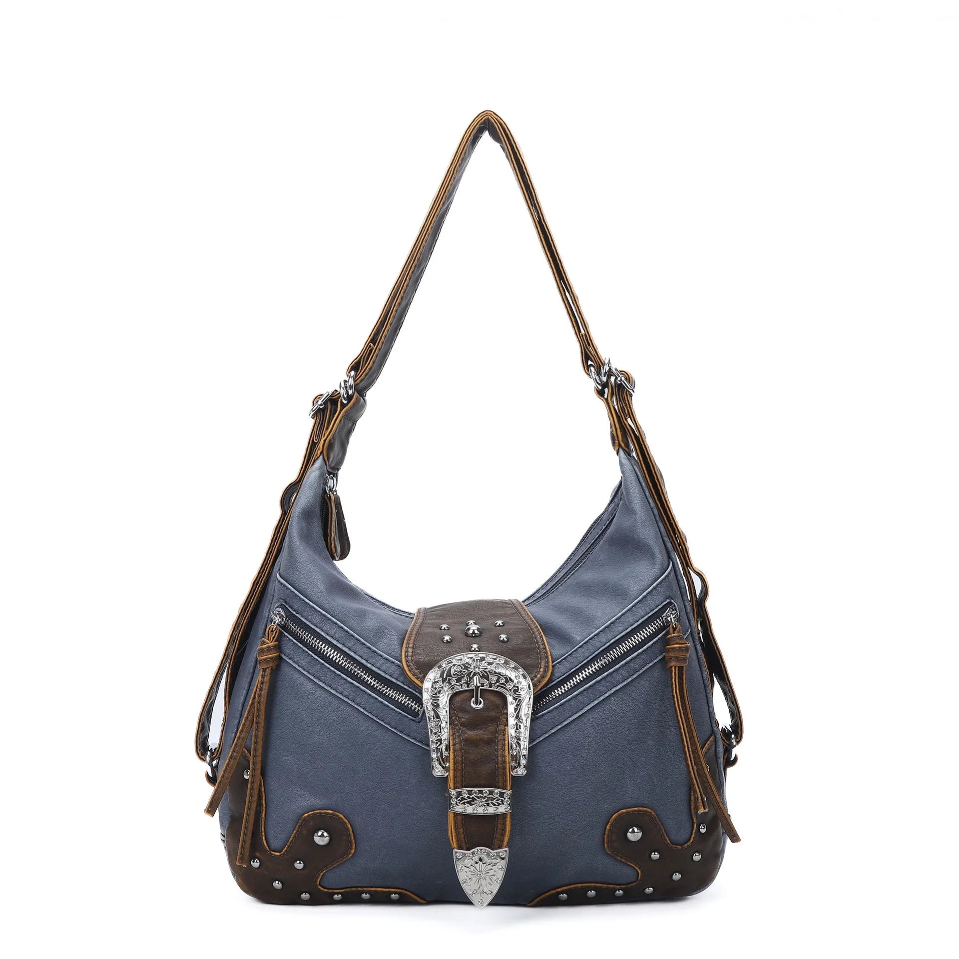 Schultertasche Damen aus PU-Leder, blau, mit Top-Griff und Reißverschluss, mehrere Fächer
