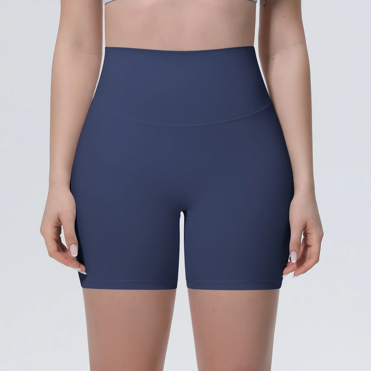 Dunkelblaue High-Waist-Yogashorts für Damen, kurz, enganliegend, mit Seitennaht