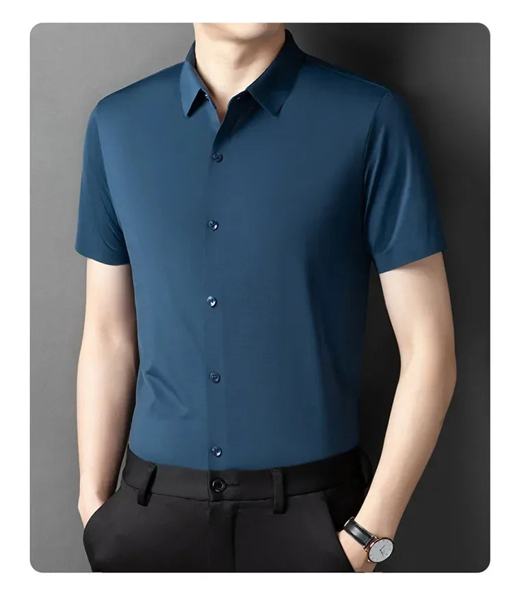 Herren-Hemd mit Vier-Wege-Stretch, Farbblock-Diamantmuster und Knopfleiste – ideal für Business-Casual und formelle Anlässe.
