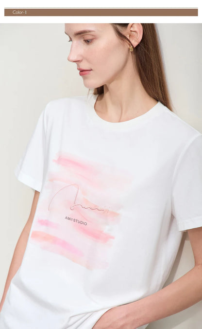 Damen T-Shirts im lässigen Minimalismus-Stil mit O-Ausschnitt und Stickerei