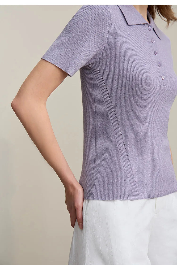 Damen-Strickpullover mit kurzärmeligem Polokragen, fliederfarben, schmale Passform