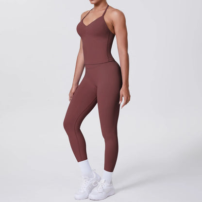 Damen Yoga-Set mit ärmelloser Weste und Leggings, schokoladenbraun