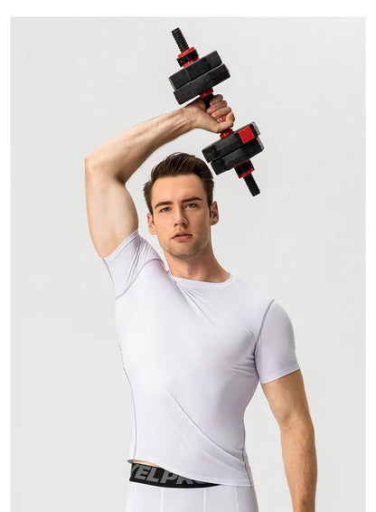 Eng anliegendes Herren-Fitness-Trainingsset mit kurzen Ärmeln – elastisch und schnelltrocknend, ideal für Sport und Laufen.