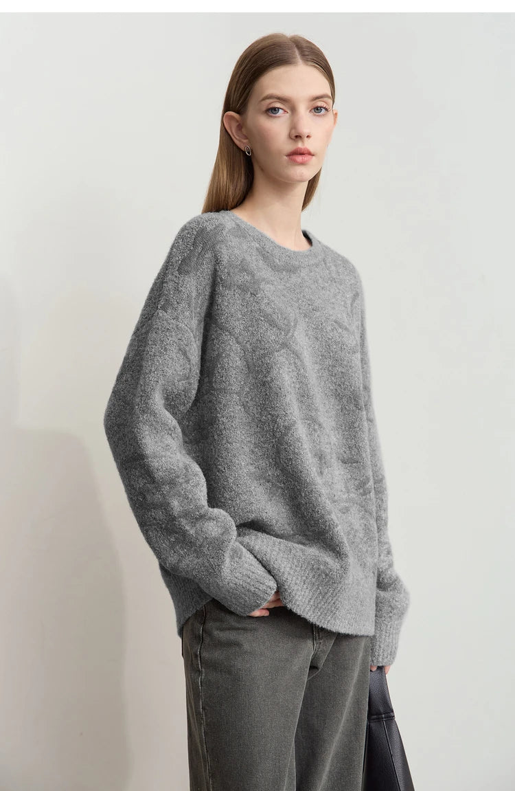 Grauer Strickpullover mit O-Ausschnitt, strukturierter Jacquard, lange Ärmel, lässiger Schnitt