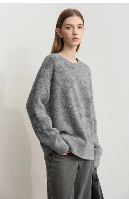 Grauer Strickpullover mit O-Ausschnitt, strukturierter Jacquard, lange Ärmel, lässiger Schnitt