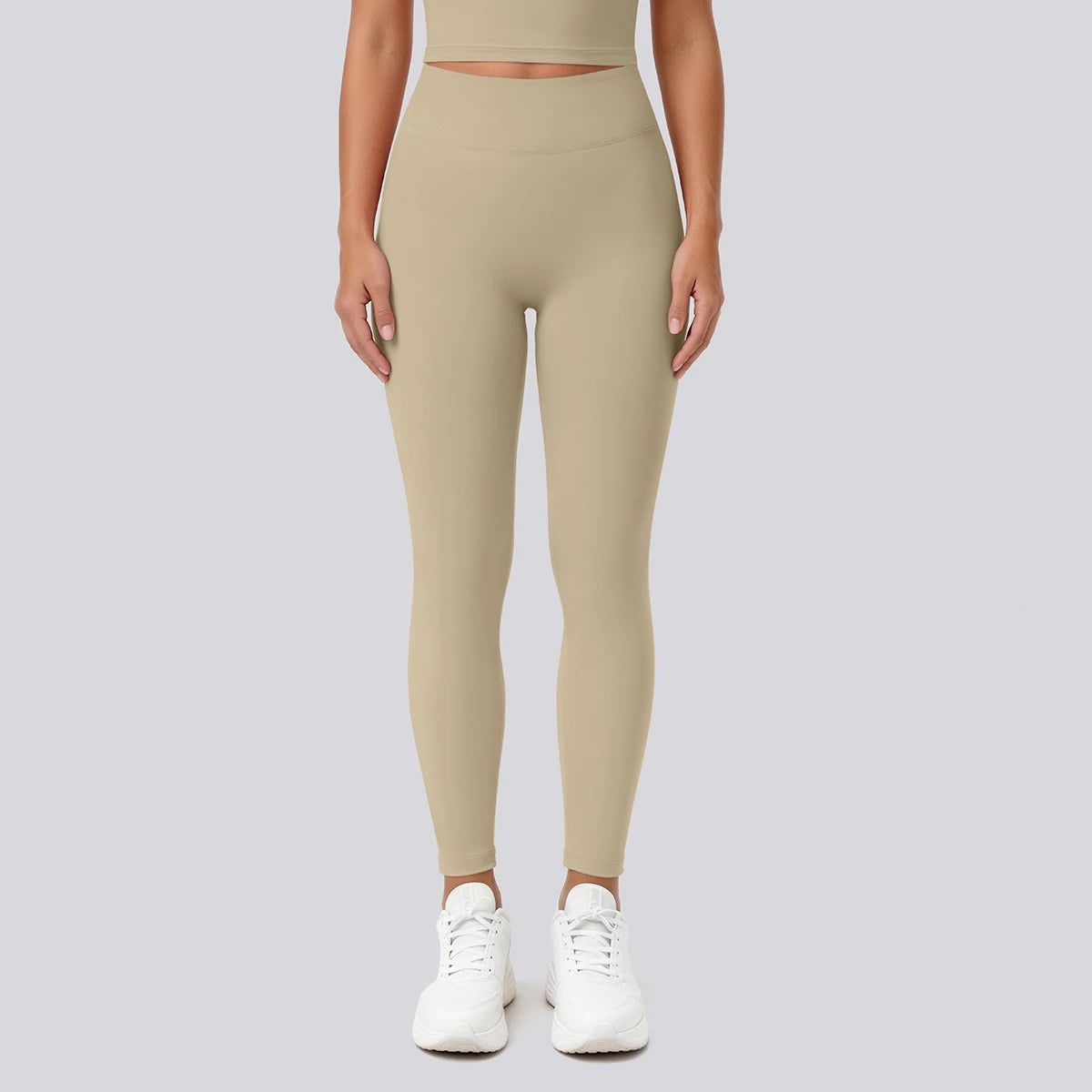 Yoga-Leggings Damen, enganliegend, hellbeige, bis Knöchel, blickdicht
