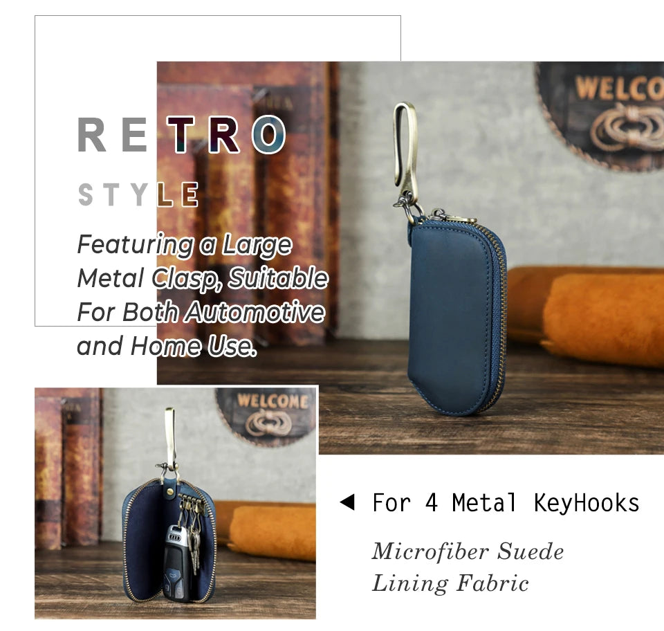 Blaues Leder-Schlüssel-Etui Retro-Style, großer Metall-Clip für 4 Haken