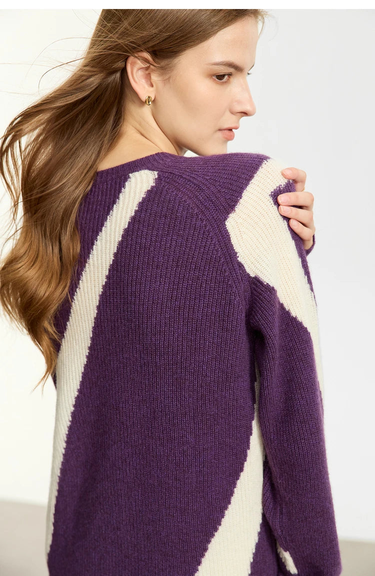 Damen-Rundhalspullover Wolle Yak asymmetrisch Patchwork locker Winter