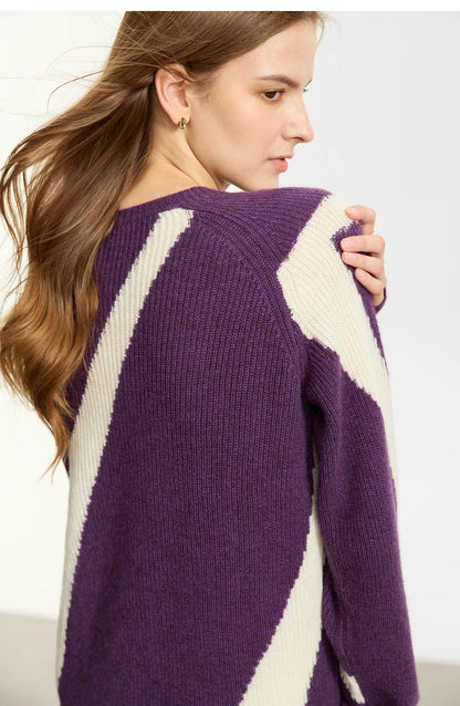 Damen-Rundhalspullover Wolle Yak asymmetrisch Patchwork locker Winter