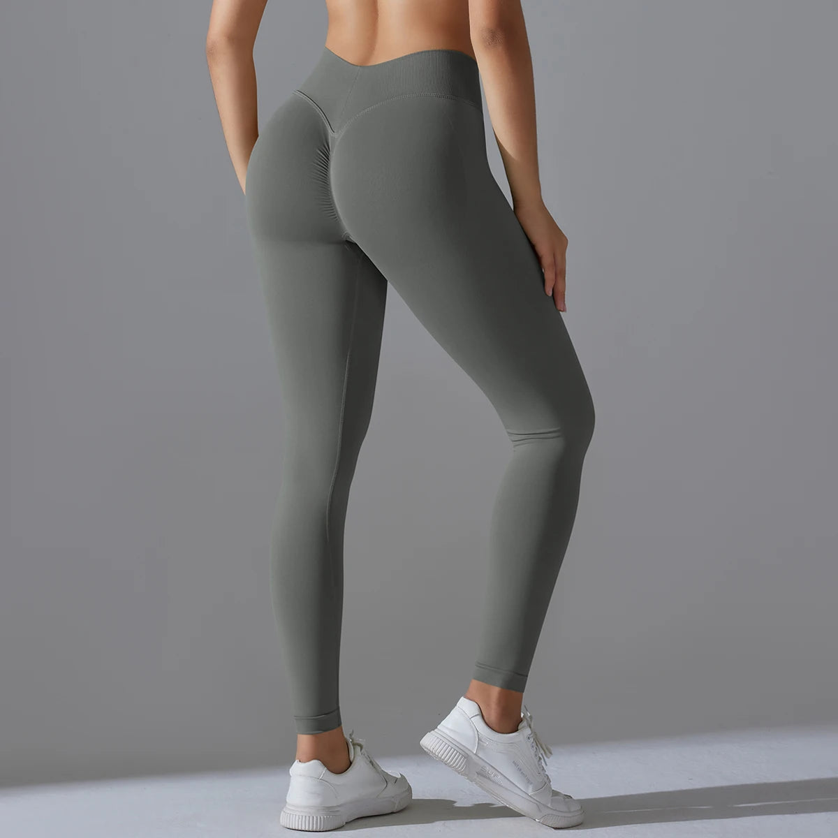 Nahtlose Yoga-Hose für Damen, hohe Taille, hellgrau, lang, figurbetont