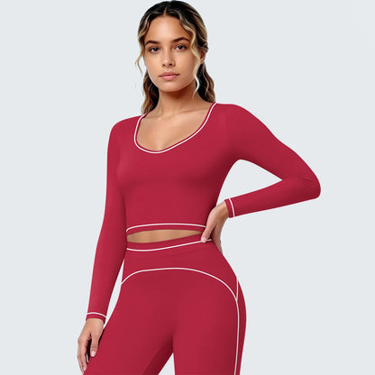 Rotes Yoga-Langarmshirt mit V-Ausschnitt und kontrastierenden Paspeln am Saum