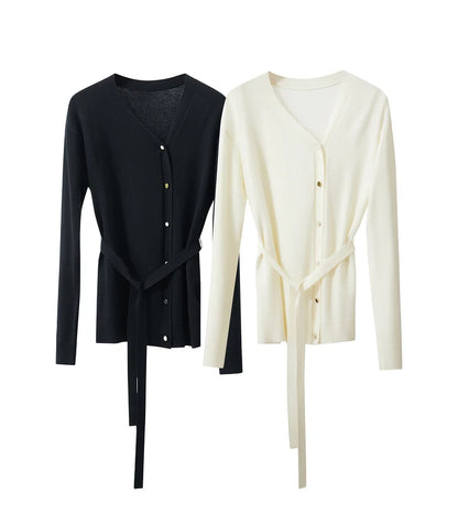 Damen-Strickjacke V-Ausschnitt chinesischer Stil Gürtel Langarm Herbst