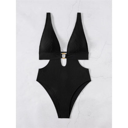 Damen Badeanzug tiefer V-Ausschnitt Cut-Out Monokini hoher Beinausschnitt 8 Farben