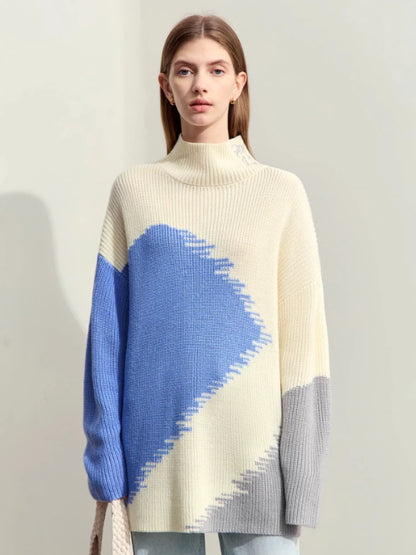 Damen-Rollkragenpullover Stickerei locker Winter Wolle-Mix