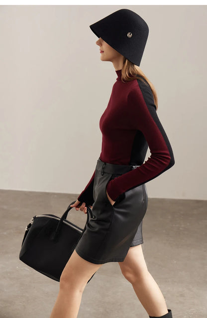 Pullover mit Stehkragen, langarm, weinrot, körpernaher Schnitt