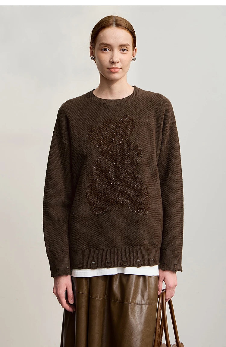 Damen-Rundhalspullover Jacquard Aushöhlung Perlenstickerei locker Winter