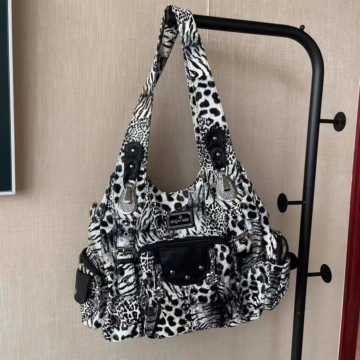 Damen-Schultertasche Leopardenmuster Großes Fassungsvermögen aus PU-Leder mit Reißverschluss