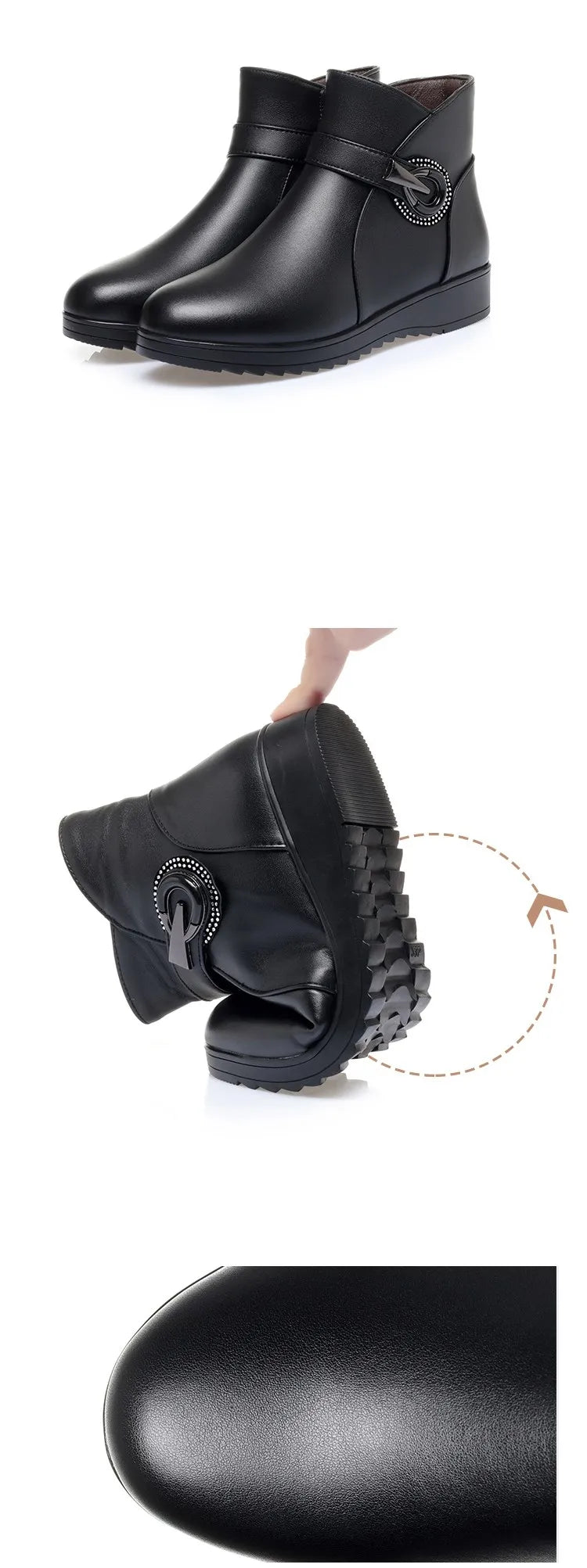 Schwarze Winterstiefelette mit Wollkragen, seitlicher Schnalle und Innenansicht