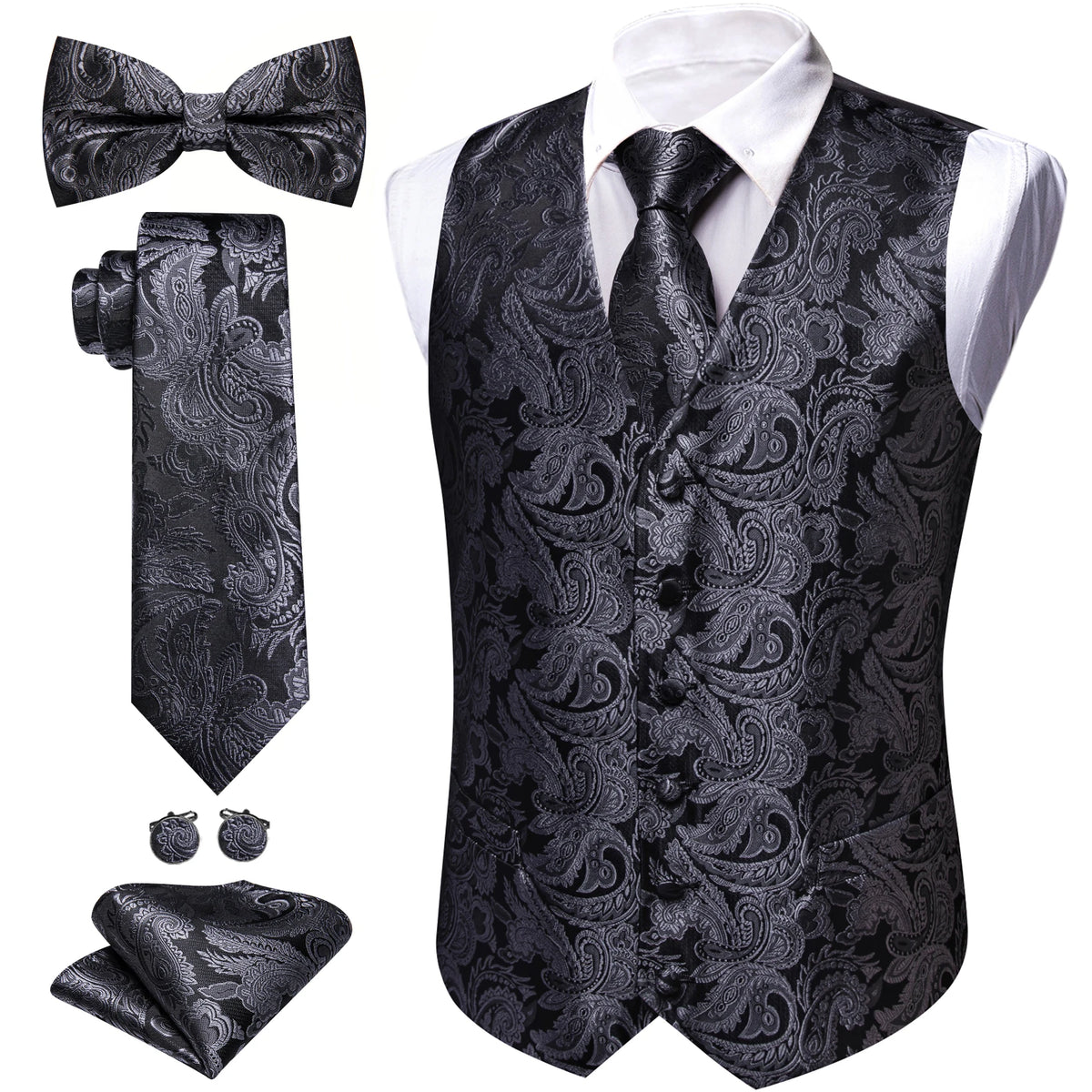 Anzugweste-Set mit Paisley-Muster in Dunkelgrau/Schwarz, mit Krawatte, Fliege und Einstecktuch