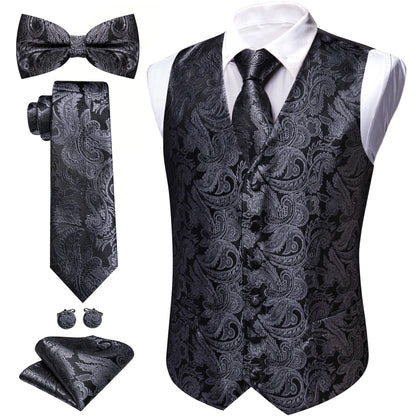 Anzugweste-Set mit Paisley-Muster in Dunkelgrau/Schwarz, mit Krawatte, Fliege und Einstecktuch