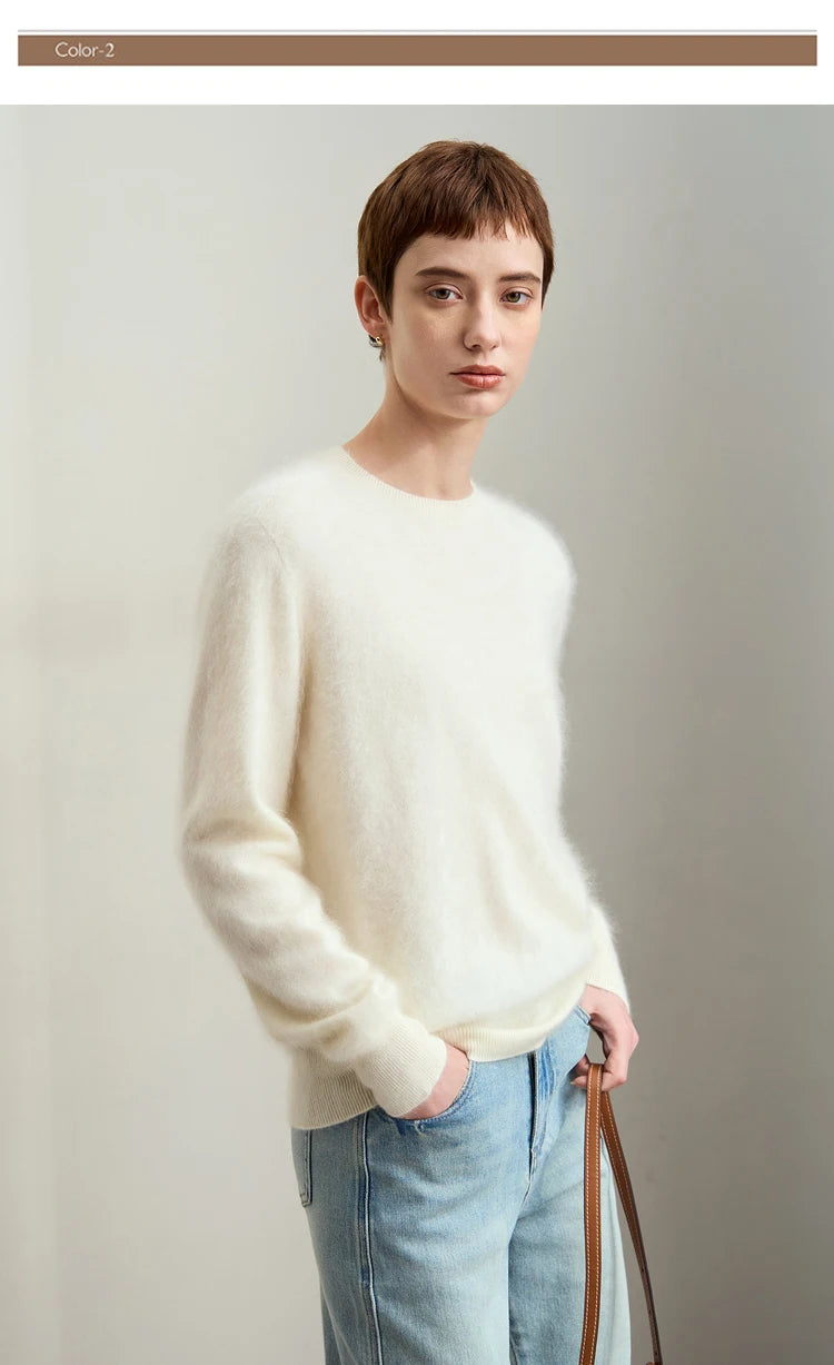 Damenpullover aus flauschigem Strick, O-Ausschnitt, locker sitzend, lange Ärmel, weiß
