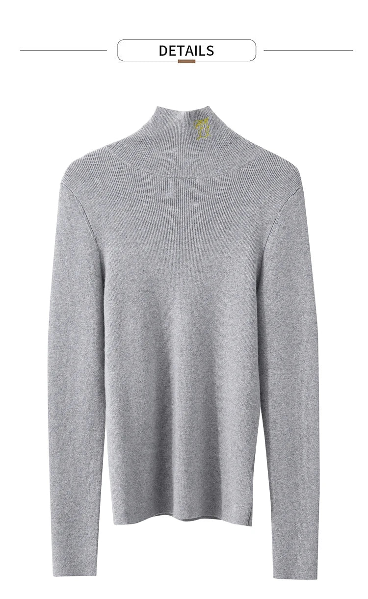 Damen-Rollkragenpullover Kaschmir-Wolle Slim Stickerei Winter