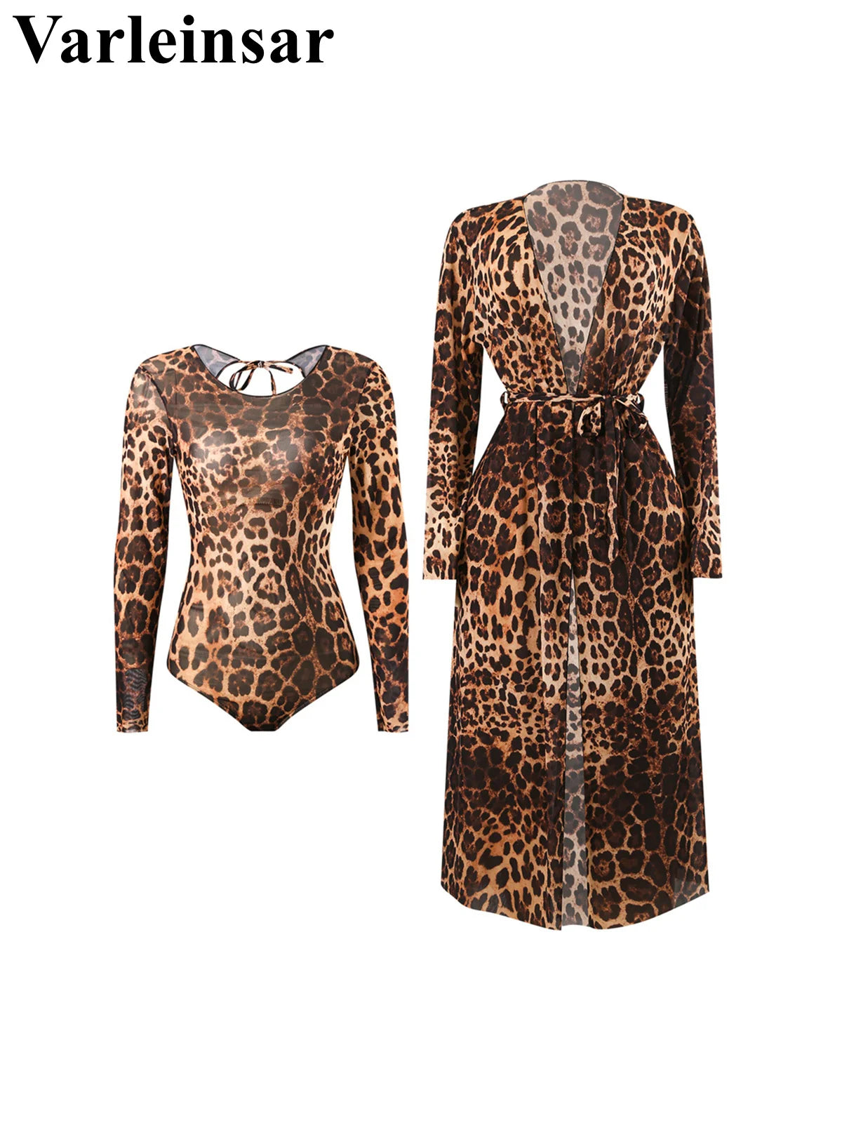 Damen Badeanzug Langarm Leopard Cover-Up gepolstert Einteiler