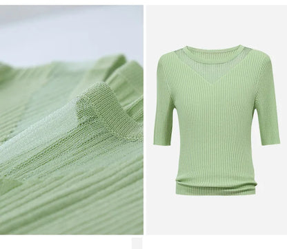 Damen-Rundhalspullover Mesh-Panel Slim Kurzarm Viskose Sommer